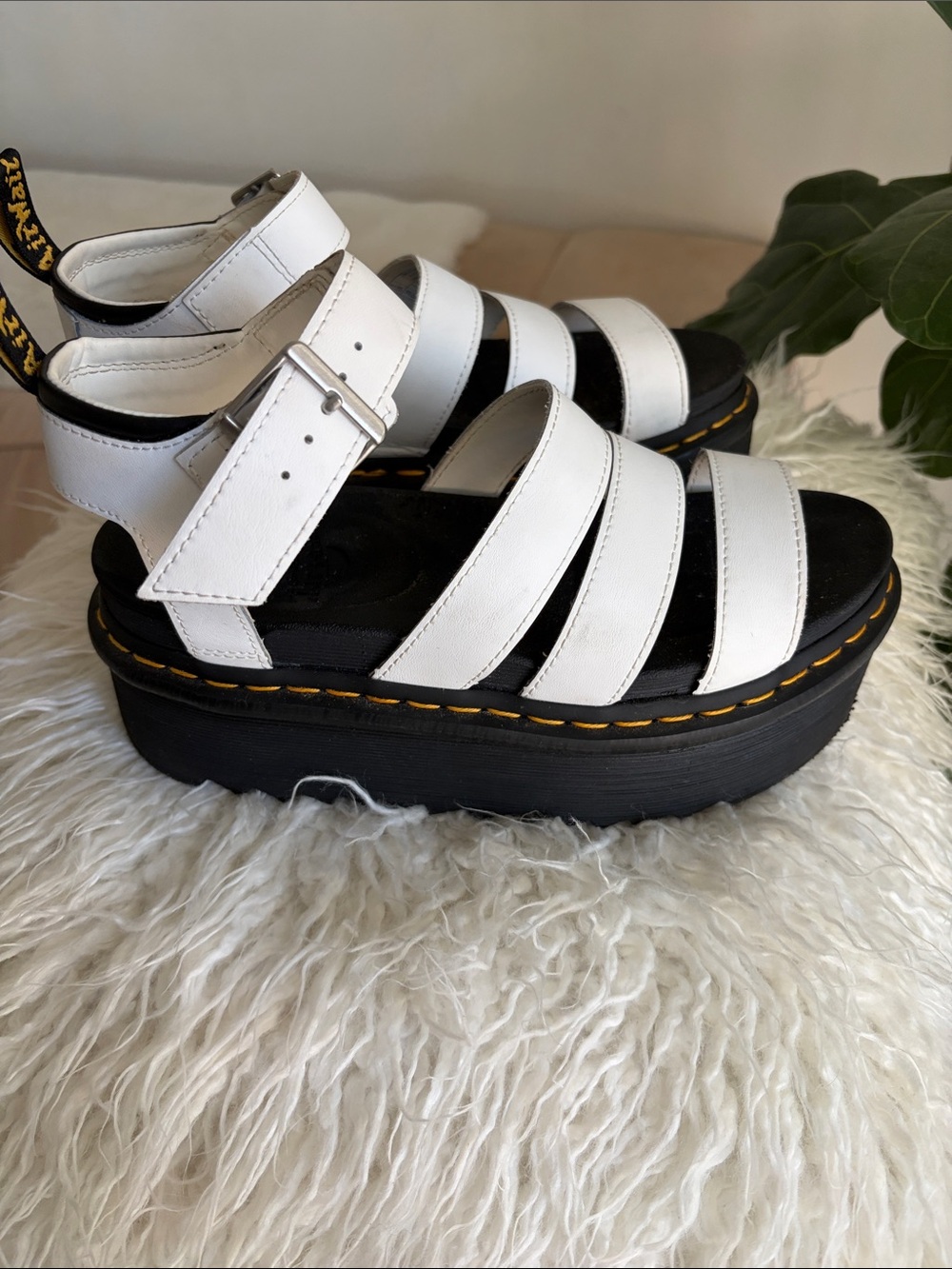 Dr. Martens White Strappy Platform Sandal with Black Sole